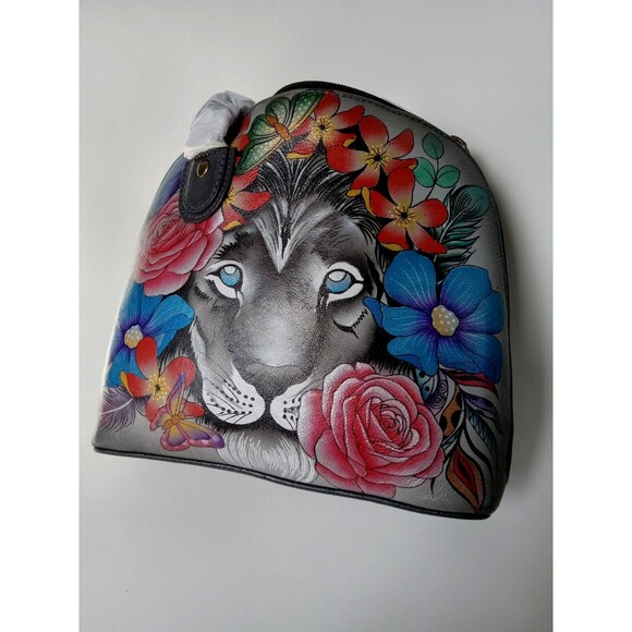 NWT Anna by Anuschka Hand-Painted Leather Lion In Flowers Domed Crossbody Bag - Picture 5 of 16